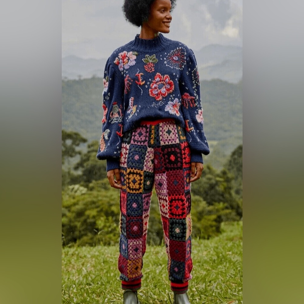 NWT FARM RIO Mosaic crochet granny square Colorful Patchwork Knit Pants medium